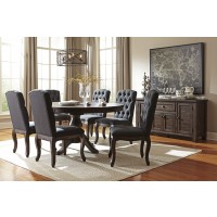 Trudell - Golden Brown - Round Dining Room Table & 6 UPH Side Chairs